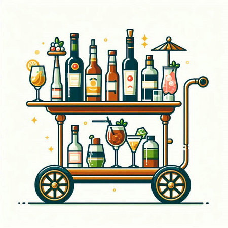 Colorful vector illustration of a bar stand with bottles of wine and cocktailsのイラスト素材