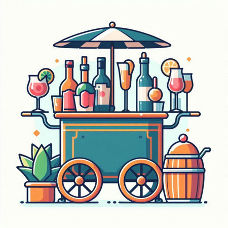 Vector illustration of a street food cart with bottles, glasses, ice cream and other drinks.のイラスト素材