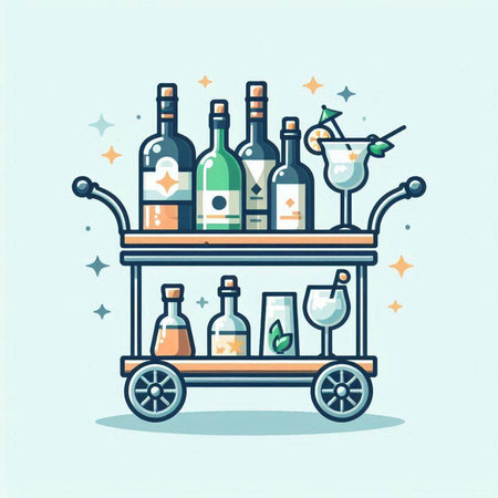 Bottles of wine on the cart. Vector illustration in flat styleのイラスト素材