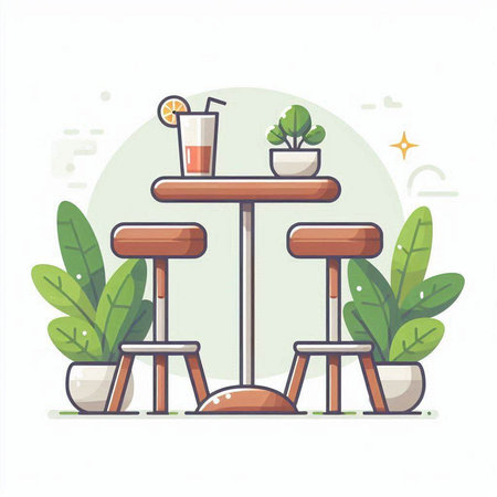Restaurant table with chairs and tablecloth, flat vector illustration.のイラスト素材