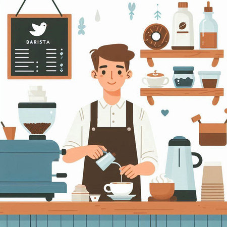 Coffee shop interior with barista making coffee vector illustration.のイラスト素材