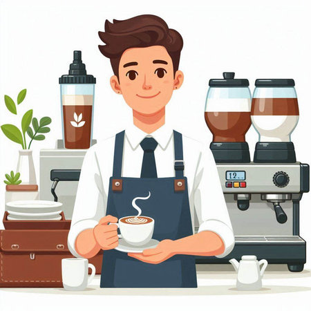 Coffee shop barista with cup of coffee. Vector illustrationのイラスト素材
