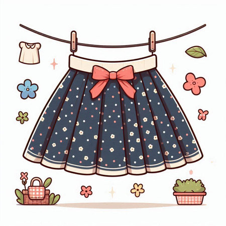 Vector illustration of a girl's skirt with a bow and flowers.のイラスト素材