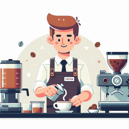 Coffee barista making coffee. Vector illustration in flat styleのイラスト素材