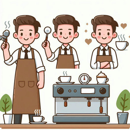 Coffee shop staff and coffee maker. Vector illustration of baristaのイラスト素材