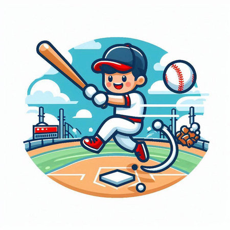 Baseball player in action on the field. Cartoon vector illustration.のイラスト素材