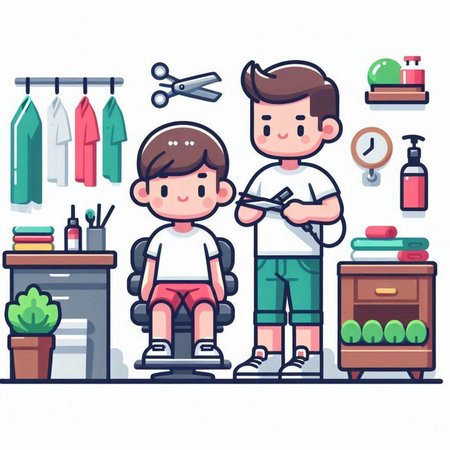 Hairdresser and boy in barbershop. Vector illustrationのイラスト素材