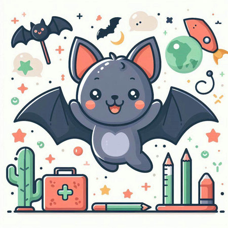 Cute hand drawn vector illustration of a cute cartoon bat with various objects for Halloween.のイラスト素材