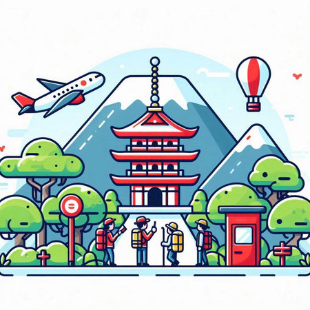 Landscape of Japan travel concept. Vector illustration in thin line style.のイラスト素材
