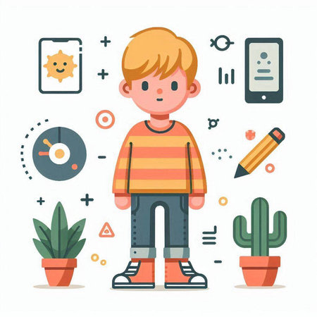 Cute little boy in casual clothes. Vector illustration in flat styleのイラスト素材