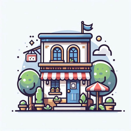 Facade of a small cafe in the city. Vector illustration.のイラスト素材