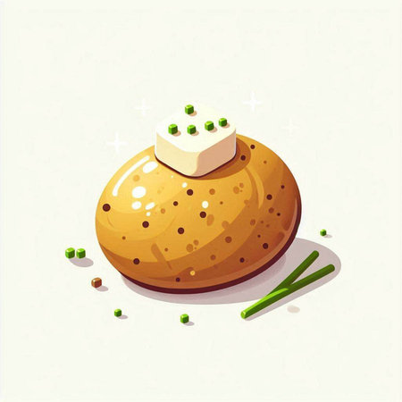 Illustration of a round bread with butter and green peas on a white backgroundのイラスト素材