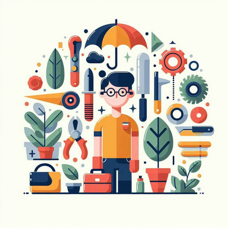 Vector illustration in flat style - gardener with gardening tools and equipment.のイラスト素材