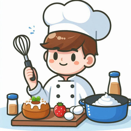 Illustration of a Little Boy Cooking a Cake with a Whiskのイラスト素材