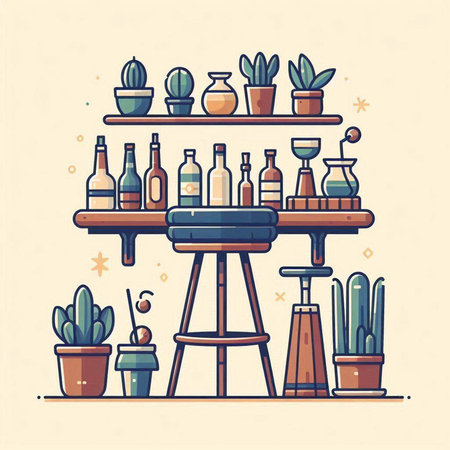 Illustration of a bar counter with a variety of cacti.のイラスト素材