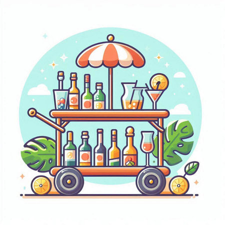 Vector illustration of a street food cart with bottles of alcoholic beverages. Flat line art design.のイラスト素材