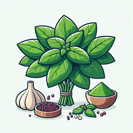 Illustration of fresh basil leaves, garlic and peppercorns.のイラスト素材