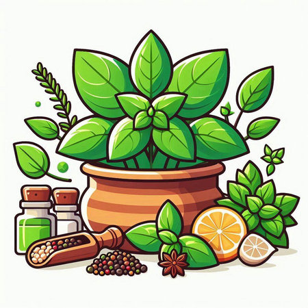 Herbs and spices in a pot on a white background. Vector illustration.のイラスト素材