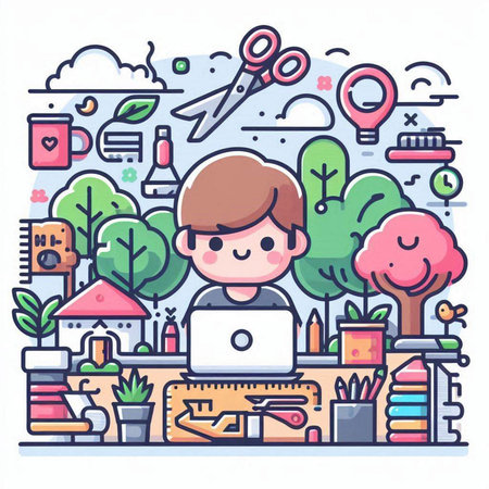 Cute little boy working on laptop at home. Vector illustration.のイラスト素材