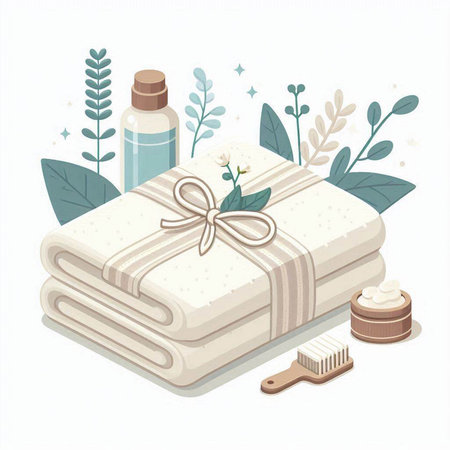 Spa set with towels, soap, oil, brush, cream, towel. Vector illustrationのイラスト素材