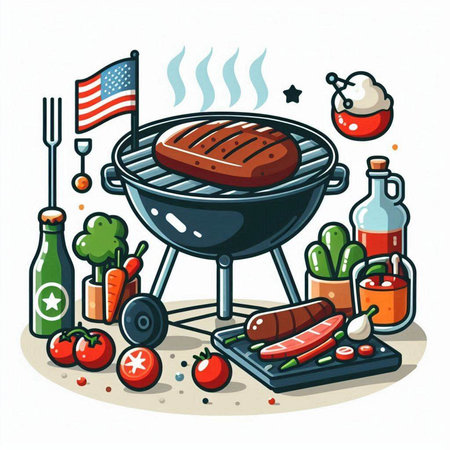 Barbecue party. Vector illustration of a barbecue grill with food.のイラスト素材