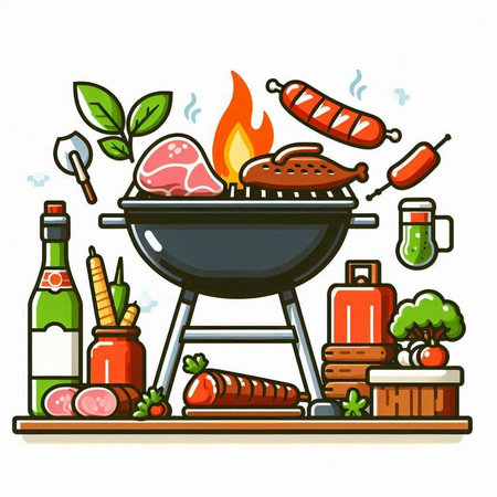 Barbecue grill with meat and vegetables. Vector illustration in cartoon style.のイラスト素材