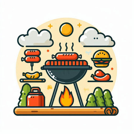 Barbecue grill with grilled meat, sausages, kebab, chicken. Flat style vector illustration.のイラスト素材