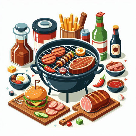Barbecue grill with meat and vegetables. Isometric vector illustration.のイラスト素材