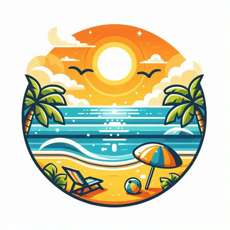 Tropical beach. Vector illustration in flat style on white background.のイラスト素材