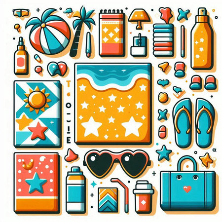 Set of summer and travel icons in cartoon style. Vector illustration.のイラスト素材