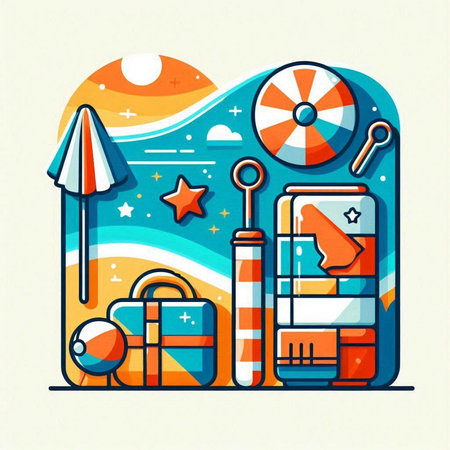 Travel and vacation concept. Vector illustration in flat linear style with icons.のイラスト素材