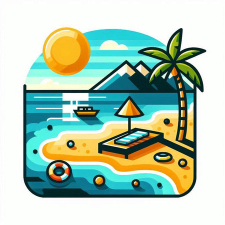 Tropical beach with palm trees, sun, loungers. Vector illustration.のイラスト素材