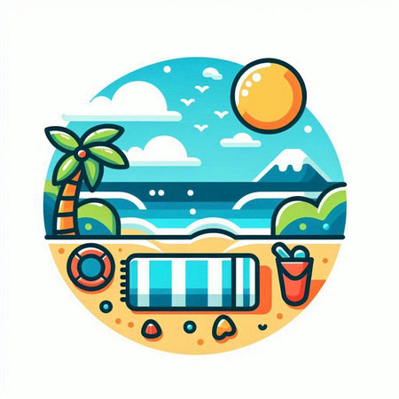 Beach flat icon. Summer vacation concept. Vector illustration in thin line style.のイラスト素材
