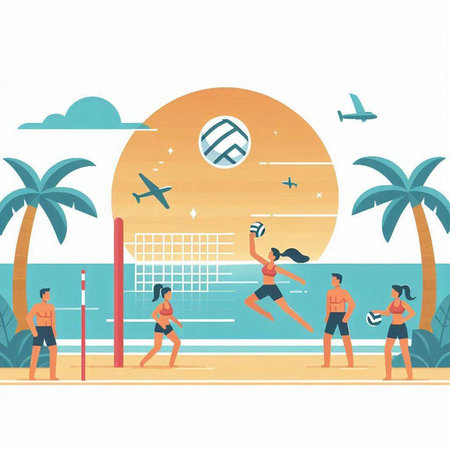 Volleyball players on the beach, vector illustration in flat styleのイラスト素材
