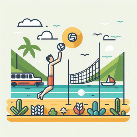 Volleyball on the beach. Vector illustration in flat linear styleのイラスト素材