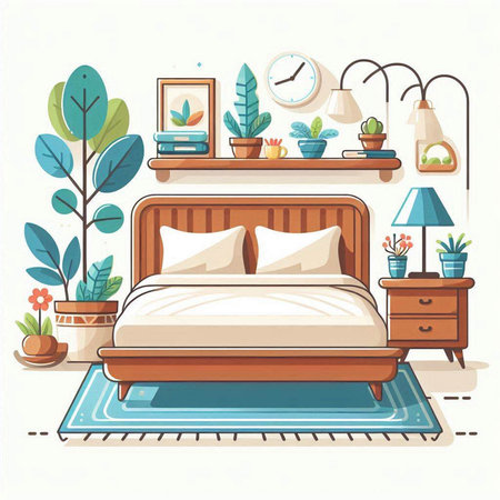 Bedroom interior. Vector illustration in flat style. Bedroom with a bed, a lamp and a flower in a pot.のイラスト素材
