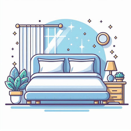 Bedroom interior. Comfortable bed with pillows. Flat style vector illustration.のイラスト素材