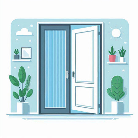 Vector illustration of a door in a room with plants, flowers and plantsのイラスト素材
