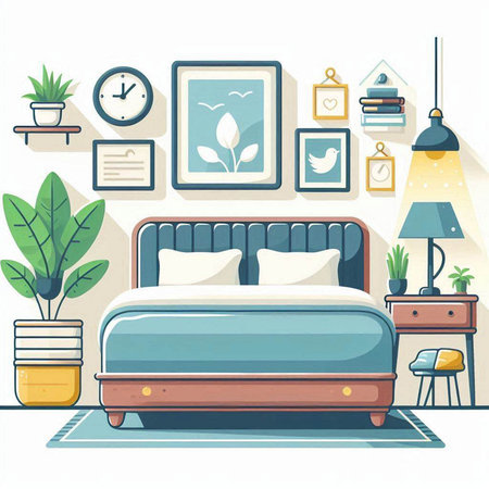 Vector illustration of a bedroom interior design with a bed and a lampのイラスト素材