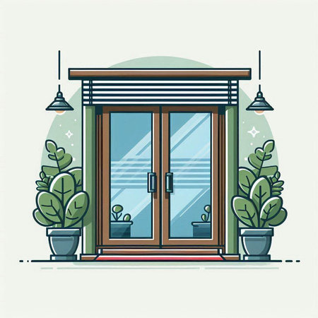 Vector illustration of a wooden door in a flat style with plants.のイラスト素材