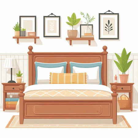 Vector illustration of a bedroom with a double bed, books and plantsのイラスト素材