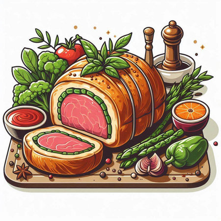 Illustration of delicious meatloaf with asparagus, tomato, carrot and herbsのイラスト素材