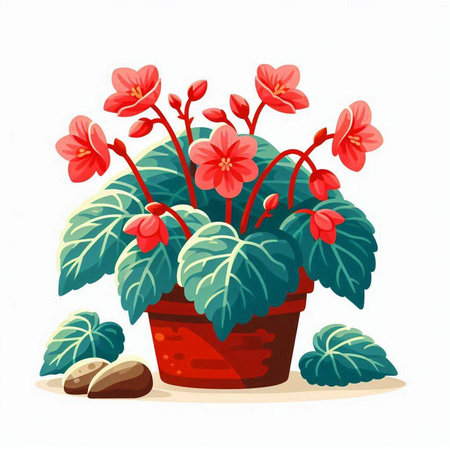 Flowerpot with red begonia on a white background. Vector illustration.のイラスト素材