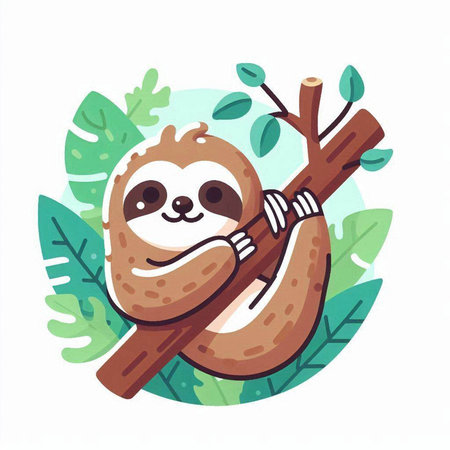 Cute cartoon sloth hanging on a tree branch. Vector illustration.のイラスト素材