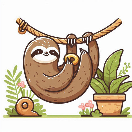 Cute sloth hanging on a tree branch. Vector illustration.のイラスト素材