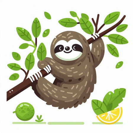 Cute sloth hanging on a tree branch. Vector illustration.のイラスト素材