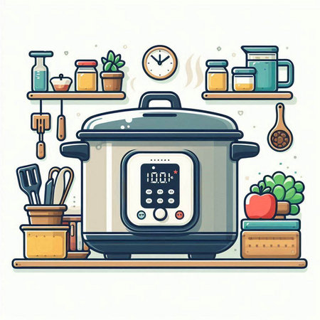 Vector illustration of a modern electric multicooker in the kitchen.のイラスト素材