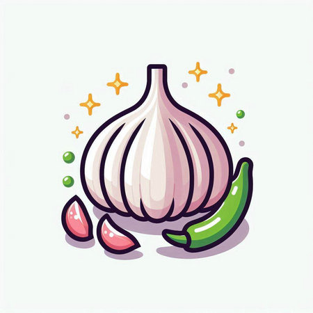 Garlic and chilli on white background. Vector illustration in cartoon style.のイラスト素材