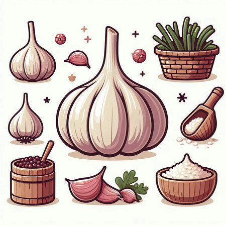 Illustration of a set of fresh garlic and spices on a white backgroundのイラスト素材