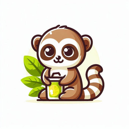 Cute little lemur holding a glass of juice. Vector illustration.のイラスト素材